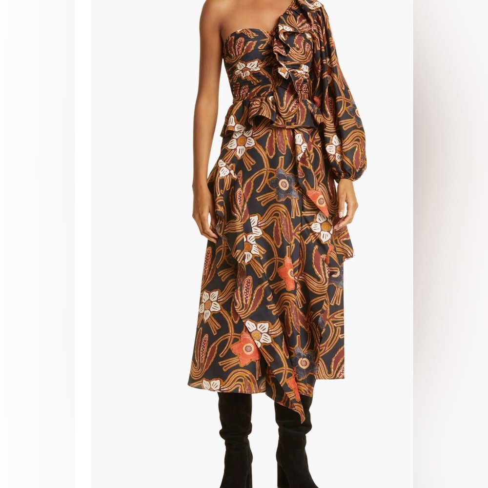 ULLA JOHNSON MARIAM ONE-SLEEVE RUFFLED PRINTED SILK DRESS IN ONYX